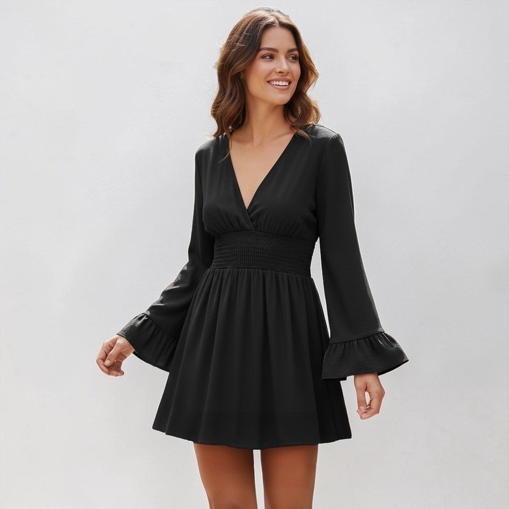 Black V-Neck Smocked Waist Bell Sleeve Ruffle Mini Dress Womens Medium - Picture 1 of 9